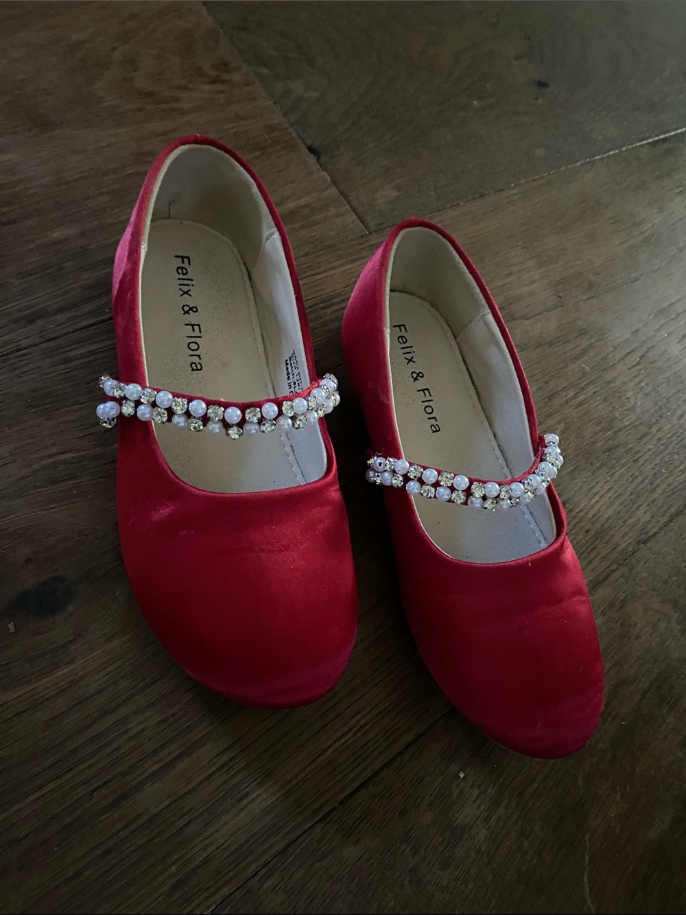 Felix & Flora Kids Red Satin Dress Shoes with Pearl Strap